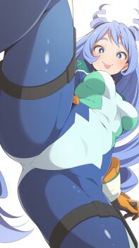 1girl :p ass blue_bodysuit blue_eyes blue_hair bodysuit boku_no_hero_academia breasts cowboy_shot drill_hair from_below gloves green_bodysuit hado_nejire hair_horns highres long_hair looking_at_viewer medium_breasts skin_tight spread_legs squatting thick_thighs thighs tongue tongue_out twin_drills underboob very_long_hair white_background