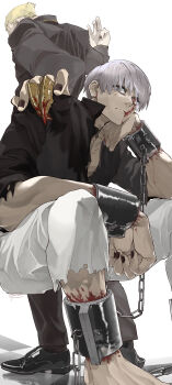 2boys absurdres black_nails blonde_hair blood blood_on_face chain claw_ring commentary hands_on_another's_shoulders heterochromia highres kaneki_ken multiple_boys omori_yakumo pakupaku_keema short_hair tokyo_ghoul