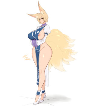 1girl animal_ears areola_slip arms_under_breasts blonde_hair blue_dress breasts brown_eyes china_dress chinese_clothes dress fox_ears fox_tail frilled_anklet from_side full_body groin hair_between_eyes high_heels highres huge_breasts kitsune krass kyuubi looking_at_viewer multiple_tails nipple_slip nipples open_mouth shoes short_hair signature simple_background solo stiletto_heels tail touhou white_background white_shoes yakumo_ran