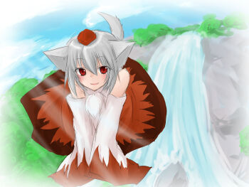 1girl animal_ears arms_in_front blush cloud day female_focus flying hat inubashiri_momiji monrooru nature outdoors red_eyes sky smile solo tail touhou v_arms water waterfall white_hair wolf_ears wolf_tail