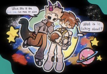 2boys animification black_eyes blue_hoodie boots brown_pants checkered_shoes commentary drawstring earth_(planet) edd_(eddsworld) eddsworld english_text frown full_body green_eyes helmet highres holding holding_unworn_helmet hollow_eyes hood hood_down hoodie horns immuir long_sleeves male_focus monster_boy monster_tom_(eddsworld) multiple_boys outline pants planet pointy_ears purple_horns short_hair space space_helmet spacesuit speech_bubble star_(sky) star_(symbol) symbol-only_commentary tail thick_lineart tom_(eddsworld) unworn_headwear unworn_helmet white_boots white_outline wide-eyed