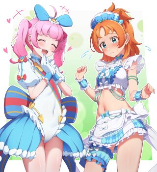 +++ 2girls absurdres ahoge aozora_himari back_bow bead_bracelet beads blue_bow blue_choker blue_eyes blue_skirt blue_wrist_cuffs blush bow bow_choker bow_skirt bracelet breasts choker closed_eyes closed_mouth commentary_request cosplay costume_switch covered_navel crop_top crossover flying_sweatdrops frilled_leotard frilled_shirt frilled_skirt frilled_thigh_strap frilled_wrist_cuffs frills gloves hair_bow hair_ornament heart heart_hair_ornament highleg highleg_leotard highres himitsu_no_aipri jewelry leotard medium_hair midriff mujin_(mujinzairaisen) multiple_girls navel open_mouth orange_hair own_hands_together parted_bangs pink_bow pink_hair pretty_series princess_ripple princess_ripple_(cosplay) princession_orchestra puffy_short_sleeves puffy_sleeves red_bow season_connection shirt short_sleeves showgirl_skirt skirt small_breasts smile sorano_minamo striped_bow summer_maid_coord sweat teeth thigh_strap twintails two-tone_skirt upper_teeth_only white_bow white_gloves white_leotard white_shirt white_skirt wrist_cuffs yellow_bow