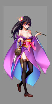 1girl areola_slip as109 bare_shoulders black_hair black_thighhighs blowgun breasts character_request cherry_blossoms cleavage dart female_focus flower full_body gourd hair_flower hair_ornament highres holster japanese_clothes kimono loafers long_hair long_legs looking_at_viewer m.a.d_mafia_is_all_dead medium_breasts nail_polish obi off_shoulder purple_eyes sash shoes side_slit sideboob simple_background solo tattoo thigh_holster thighhighs wide_sleeves