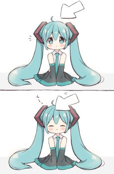 Rule 34 | 1girl, absurdres, ahoge, aqua eyes, aqua hair, aqua necktie, bare shoulders, black skirt, black sleeves, blush, closed eyes, closed mouth, collared shirt, commentary request, cursor, deformed, detached sleeves, facing viewer, grey background, grey shirt, hair between eyes, hair ornament, hairclip, hand on ground, hatsune miku, headpat, highres, hitode, long hair, long sleeves, looking at viewer, miniskirt, necktie, pleated skirt, shirt, sidelocks, sitting, skirt, sleeveless, sleeveless shirt, sleeves past fingers, sleeves past wrists, solo, straight-on, striped clothes, striped skirt, striped sleeves, twintails, two-tone background, very long hair, vocaloid, waiting for headpat, white background