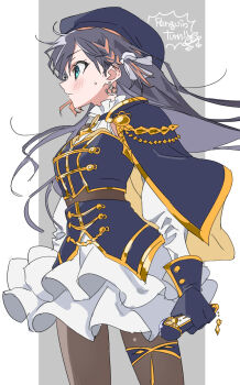 Rule 34 | 1girl, aiguillette, anchor earrings, anime coloring, aqua eyes, beret, black bodystocking, black capelet, black gloves, black hair, black pantyhose, black shirt, black skirt, blue hat, blush, bodystocking, braid, buttons, capelet, collar, commentary, detached sleeves, double-breasted, earrings, english commentary, english text, floating hair, frilled collar, frilled skirt, frills, from side, gloves, hair ribbon, hat, high-waist skirt, high collar, highres, holding, holding microphone, jewelry, layered shirt, light frown, long hair, long sleeves, looking ahead, microphone, miniskirt, multicolored hair, nijisanji, nijisanji en, nijisanji idol uniform, npppiyo, official alternate costume, official alternate hairstyle, orange hair, pantyhose, pentomo (petra gurin), petra gurin, ribbon, shirt, skirt, solo, sweatdrop, thigh strap, two-tone hair, virtual youtuber, white collar, white ribbon, white skirt