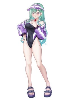 1girl black_one-piece_swimsuit breasts competition_swimsuit covered_navel feet full_body green_hair highres hisame_shiki jacket legs medium_breasts multicolored_swimsuit one-piece_swimsuit purple_eyes purple_jacket purple_visor sandals simple_background solo standing swimsuit toenails toes virtual_youtuber visor_cap vspo! whistle whistle_around_neck white_background yakumo_beni
