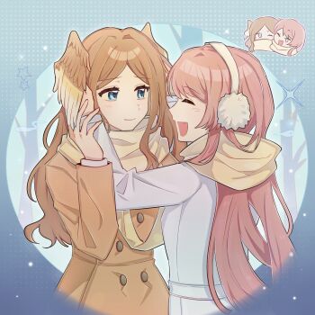 Rule 34 | 2girls, artist request, bang dream!, bang dream! it's mygo!!!!!, blue eyes, brown coat, brown hair, brown scarf, chihaya anon, chinese commentary, closed mouth, coat, commentary request, commission, earmuffs, fang, grey eyes, hands on another's ears, head wings, highres, long hair, multiple girls, nagasaki soyo, one eye closed, open mouth, pink hair, scarf, second-party source, shared clothes, shared scarf, white background, white coat, wings, yuri