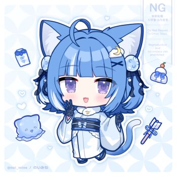 1girl :3 :d ahoge animal_ears black_gloves black_ribbon black_sandals black_sash blue_hair blue_kimono blunt_bangs blush cat_ears cat_girl cat_tail chibi chibi_only cloud_hair_ornament commentary_request fang full_body gloves hair_intakes hair_ornament hair_ribbon hands_up indie_virtual_youtuber japanese_clothes kagami_mochi kimono kurageu_roa long_sleeves looking_at_viewer multicolored_hair noi_mine obi okobo open_mouth outline platform_sandals purple_eyes ribbon sandals sash short_hair sidelocks smile socks solo standing streaked_hair tabi tail v virtual_youtuber watermark white_outline white_socks wide_sleeves x_hair_ornament