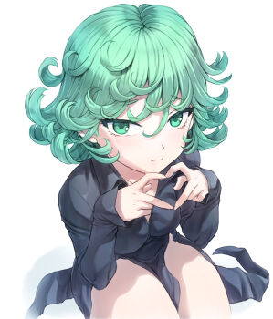 1girl black_dress breasts closed_mouth collared_dress commentary_request cowboy_shot curly_hair dress four-finger_heart_hands green_eyes green_hair hair_between_eyes heart heart_hands highres light_blush long_sleeves looking_at_viewer medium_breasts mogudan one-punch_man short_hair sitting sleeves_past_wrists smile solo tatsumaki thighs white_background