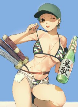1girl 53_(kanimisomrmr) belt bikini blue_background bottle breasts camouflage camouflage_bikini commentary earrings genderswap genderswap_(mtf) green_hair highres holding holding_bottle jewelry large_breasts looking_at_viewer navel one_eye_closed one_piece open_fly roronoa_zoro scar scar_across_eye scar_on_face short_hair short_shorts shorts solo stitched_torso stitches strap_pull swimsuit sword tan tanline tongue tongue_out translation_request weapon white_shorts
