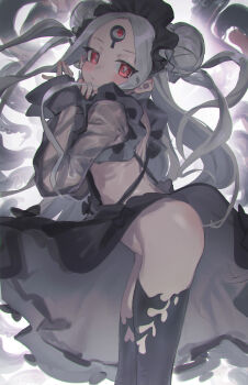 1girl abigail_williams_(fate) abigail_williams_(swimsuit_foreigner)_(fate) abigail_williams_(swimsuit_foreigner)_(first_ascension)_(fate) absurdres black_dress black_thighhighs blush closed_mouth colored_skin double_bun dress fate/grand_order fate_(series) floating_clothes frills grey_hair grey_skin hair_bun highres keyhole loli long_hair long_sleeves nemo_(leafnight) no_panties pale_skin pink_eyes revision see-through_clothes solo thighhighs third_eye very_long_hair