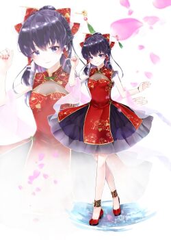 1girl alternate_costume blue_eyes bow brown_hair chinese_clothes closed_mouth clothing_request commentary_request dress falling_petals floral_print frilled_bow frilled_hair_tubes frills full_body hair_bow hair_ornament hair_stick hair_tubes hakurei_reimu highres long_hair looking_at_viewer minatsuki_yurara petals pink_nails pink_petals pink_shawl print_dress red_bow red_dress shawl sleeveless sleeveless_dress smile solo touhou zoom_layer