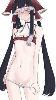 1girl black_choker black_hair blush bow breasts choker closed_mouth cookie_(touhou) cowboy_shot expressionless frilled_bow frilled_hair_tubes frills grey_hair hair_bow hair_tubes hakurei_reimu highres long_hair looking_at_viewer lowleg lowleg_panties multicolored_hair navel panties panty_pull pyukasshori red_bow red_tank_top sidelocks simple_background small_breasts solo tank_top touhou twintails two-tone_hair underboob underwear undressing very_long_hair white_background white_panties yellow_eyes yuyusu_(cookie)