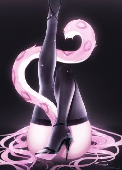 1girl absurdres artist_name ass black_background black_shoes black_thighhighs commentary glowing high_heels highres hololive hololive_english leg_focus leg_up long_hair miori_0 panther_girl panther_tail pink_hair pink_tail raora_panthera shoe_soles shoes solo tail thighhighs thighs twitter_username virtual_youtuber