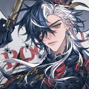 1boy absurdres black_hair boothill_(honkai:_star_rail) bullet bullet_earrings bullet_hole ce_ma closed_mouth cowboy_hat ear_piercing earrings expressionless feathers floating_earrings grey_eyes gun hat hat_feather hat_ornament highres holding holding_bullet holding_gun holding_weapon honkai:_star_rail honkai_(series) jewelry lips long_hair male_focus mechanical_arms mole mole_under_eye multicolored_hair one_eye_covered piercing red_pupils solo sparkle square two-tone_hair upper_body weapon white_hair