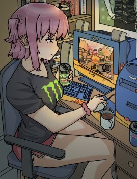 1girl black_shirt can cd chair coffee computer computer_keyboard computer_mouse computer_tower cup dolphin_shorts drink_can fukufaku highres holding holding_can hot_wheels indoors monitor mountain_dew mug office_chair original pepsi playing_games poster_(object) print_shirt purple_hair scrunchie shelf shirt shorts sitting solo speaker swivel_chair team_fortress_2 two_side_up wrist_scrunchie