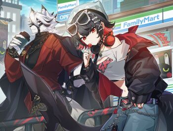 1boy 1girl absurdres animal_ears aononchi belt black_hair black_jacket blue_sky breasts butler_(zenless_zone_zero) candy cloud commentary_request convenience_store crop_top cup day denim ellen_joe eyewear_on_head familymart fins fish_tail food furry furry_male guest_art headphones headphones_around_neck highres holding holding_candy holding_cup holding_food holding_lollipop jacket jeans jewelry lollipop long_sleeves looking_at_viewer mole mole_under_eye multicolored_hair nail_polish necklace open_clothes open_jacket outdoors pants railing red_eyes red_hair red_nails ring shark_girl shark_tail shop short_hair sign sky sunglasses tail von_lycaon white_hair wolf_cut wolf_ears wolf_tail zenless_zone_zero