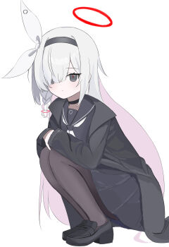 Rule 34 | 1girl, black eyes, black hairband, black pantyhose, blue archive, braid, choker, colored inner hair, commentary request, hair over one eye, hairband, halo, highres, long hair, looking at viewer, multicolored hair, pantyhose, pink hair, plana (blue archive), red halo, red pupils, sailor collar, school uniform, serafuku, si shirono, skirt, solo, white hair