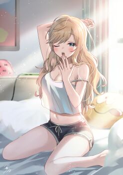 Rule 34 | 1girl, ;o, arm up, bare legs, barefoot, bed sheet, bekkourico, black shorts, blonde hair, blush, breasts, camisole, cleavage, commentary request, crop top, dolphin shorts, idolmaster, idolmaster cinderella girls, indoors, light rays, long hair, looking at viewer, medium breasts, navel, ohtsuki yui, one eye closed, pillow, see-through silhouette, shorts, signature, sitting, solo, stomach, strap slip, very long hair, wariza, white camisole, yawning