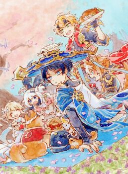 2girls 3boys ahoge animal animal_ears animal_on_shoulder aqua_eyes armor bird bird_on_shoulder black_bodysuit black_gloves black_hair black_horns black_shirt black_shorts blonde_hair blue_cape blue_eyes blue_hat blue_jingasa blue_sky blue_sleeves blunt_ends blush bodysuit bridal_gauntlets bridge bright_pupils brown_hair cape cherry_blossoms choppy_bangs clear_sky closed_eyes commentary_request crystalfly_(genshin_impact) cup dango diamond_hair_ornament dog_boy dog_ears dog_tags dog_tail dress eyelashes eyeliner fake_horns falling_petals fang finch fingerless_gloves fingernails flower food food_wrapper forehead_protector genshin_impact gloves gold gold_ring gorou_(genshin_impact) grass green_eyes grey_bridal_gauntlets haidate hair_flower hair_ornament halo halterneck hat holding holding_cup holding_plate holding_skewer horns jacket japanese_armor japanese_clothes jingasa kimono kote kurokote layered_sleeves light_blush long_sleeves looking_to_the_side lumine_(genshin_impact) makeup mechanical_halo medium_hair middle_ring mora_meat_(genshin_impact) multicolored_hair multiple_boys multiple_girls onigiri open_mouth outdoors paimon_(genshin_impact) petals picnic_blanket pink_halo pink_petals plate purple_flower red_eyeliner red_jacket roast_chicken romper rosas sanshoku_dango scaramouche_(genshin_impact) scarf serving shiba_inu shirt short_hair short_hair_with_long_locks short_sleeves shorts shoulder_armor side_cape sidelocks sitting skewer skin_fang sky sleeveless sleeveless_jacket sode standing streaked_hair sweatdrop tail taroumaru_(genshin_impact) tassel thoma_(genshin_impact) three-quarter_sleeves tree tsurime turtleneck turtleneck_bodysuit undershirt vambraces wagashi wanderer_(genshin_impact) white_dress white_flower white_hair white_kimono white_pupils white_romper white_scarf white_sleeves white_trim