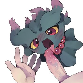 1boy absurdres beads bestiality blush colored_sclera erection fellatio gen_2_pokemon hetero highres licking licking_penis misdreavus nintendo open_mouth oral penis pokemon pokemon_(creature) pokephilia simple_background tongue tongue_out uncensored white_background youjo_modoki