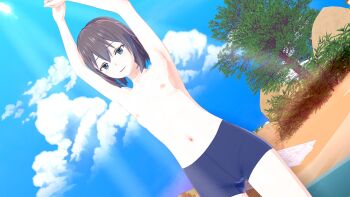 1girl 3d absurdres arms_up artist_request beach black_hair blue_eyes blue_jammers blue_male_swimwear blue_sky blush breasts character_request cloud day female_focus flat_chest highres jammers male_school_swimsuit male_swimwear male_swimwear_challenge medium_hair nipples ocean outdoors sand sky solo source_request standing swimsuit tagme topless_female tree water