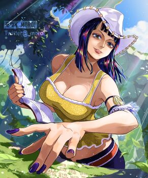 1girl armlet armpits artist_name black_hair blue_sky blunt_bangs book breasts cleavage cloud collarbone cowboy_hat day english_text eyelashes foreshortening frills fur_trim green_background hat head_tilt holding holding_book jewelry large_breasts leaf light_rays lips long_hair looking_at_viewer medium_hair midriff_peek moroi nail_polish nico_robin nico_robin_(skypiea) nose one_piece outdoors outstretched_arm overgrown parted_lips perspective poneglyph purple_nails ruins sidelighting sky skypiea sleeveless smile solo tank_top tsurime twitter_username upper_body white_fur white_hat yellow_tank_top