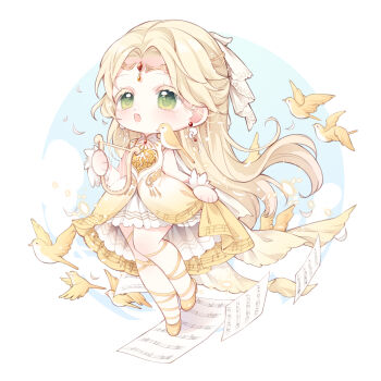 1girl absurdres animal animal_on_shoulder ballet_slippers bird bird_on_shoulder blonde_hair blue_sky border bow cape chibi chinese_commentary circlet cloud collared_dress colored_eyelashes commentary_request dot_nose dress earrings feather_earrings feathers floating_hair forehead gold_circlet golden_buds_(infinity_nikki) green_eyes hair_bow happy high_collar highres holding holding_instrument holding_lyre infinity_nikki instrument jewelry leg_ribbon leg_up light_blush long_hair looking_ahead lyre miniskirt music musical_note musical_note_print musical_staff nikki_(series) nuli_de_chengzhi_er open_mouth outside_border petals pleated_skirt print_dress ribbon round_border sheet_music shoes singing skirt skirt_hold skirt_under_dress sky sleeveless sleeveless_dress solo tailcoat tareme very_long_hair white_border white_bow white_cape white_skirt white_wrist_cuffs wrist_cuffs yellow_bird yellow_dress yellow_ribbon yellow_shoes