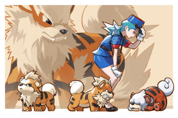 Rule 34 | 1girl, adjusting clothes, adjusting headwear, arcanine, b2b beetoboo, blue hair, blue hat, blue jacket, blue skirt, gen 1 pokemon, gloves, growlithe, hat, highres, hisuian growlithe, jacket, jenny (pokemon), looking at viewer, nintendo, orange fur, pokemon, pokemon (anime), pokemon (classic anime), pokemon (creature), short sleeves, skirt, two-tone fur, white fur, white gloves