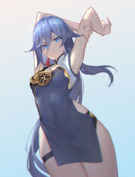 Rule 34 | 1girl, absurdres, armpits, arms up, black hair, blue background, blue dress, blue eyes, breasts, china dress, chinese clothes, cleavage, cleavage cutout, clothing cutout, dress, fu hua, fu hua (blue swallow), fu hua (valkyrie accipiter), highres, honkai (series), honkai impact 3rd, long hair, looking at viewer, sleeveless, sleeveless dress, small breasts, solo, very long hair, zhelizhiyouhongcha