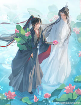 2boys absurdres ahoge black_boots black_hair black_hanfu boots chinese_clothes closed_mouth couple day douhua_yao_xiande_buyao_tiande flower full_body hair_ribbon hanfu headband high_ponytail highres holding holding_flower holding_leaf holding_plant lan_wangji leaf long_hair long_sleeves looking_at_another looking_at_viewer lotus lotus_leaf male_focus modao_zushi multiple_boys pink_flower plant ponytail purple_eyes red_ribbon red_sash ribbon ripples robe sash sidelocks sleeves_past_wrists smile standing topknot very_long_hair wading walking walking_on_liquid water watermark wei_wuxian weibo_watermark white_hanfu white_headband white_sash wide_sleeves xiao_guan_(headdress) yaoi yellow_eyes