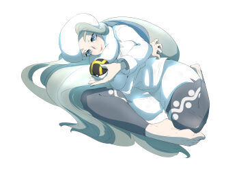 1girl absurdres barefoot blue_eyes blue_pantyhose breasts earrings fur_collar fur_hat hat highres holding holding_poke_ball jewelry knee_up large_breasts leg_up long_hair long_sleeves lying mature_female melony_(pokemon) multicolored_hair nintendo on_side pantyhose pantyhose_under_shorts pearl_earrings plump poke_ball pokemon pokemon_swsh ring shorts shumazarashi side_slit side_slit_shorts smile solo streaked_hair sweater ultra_ball ushanka wedding_ring white_hat white_sweater