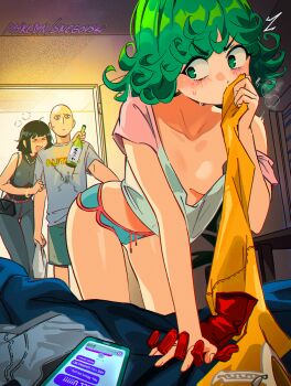 1boy 2girls @_@ absurdres arched_back bag bald belt blush bottle bracelet breasts caught cellphone clothes_writing collarbone commentary cropped_shirt drunk english_commentary english_text female_pervert fubuki_(one-punch_man) gloves green_eyes green_hair handbag highres holding holding_bottle indoors jewelry large_breasts looking_to_the_side matching_hair/eyes medium_hair multiple_girls necklace no_bra one-punch_man open_mouth paid_reward_available pants patreon_username pervert phone pink_belt pink_shirt red_gloves saitama_(one-punch_man) sake_bottle shirt short_shorts short_sleeves shorts siblings sisters small_breasts smartphone smelling smelling_clothes snegovski tatsumaki thighs two-tone_shirt v-shaped_eyebrows walk-in watermark web_address white_shirt zipper zipper_pull_tab