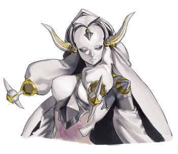 1boy 1girl artistic_error breasts closed_mouth emo37337640 giant giantess grey_eyes grimms_notes highres horns large_breasts mirror_plate_fiend_(grimms_notes) monster_girl oscar_wilde_(grimms_notes) purple_hair simple_background upper_body white_background