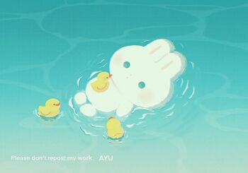 afloat animal animal_focus artist_name ayu_(mog) baby_animal bird blue_eyes closed_mouth commentary commentary_request dot_mouth duck duckling english_commentary mixed-language_commentary no_humans ocean original rabbit romaji_commentary solid_circle_eyes water watermark