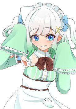 Rule 34 | 1girl, absurdres, apron, black bow, black bowtie, blue eyes, blush, bow, bowtie, breasts, center frills, commentary, detached sleeves, english commentary, frilled sleeves, frills, gradient hair, green hair, green shirt, grin, highres, indie virtual youtuber, maid, maid headdress, medium breasts, mint fantome, mint fantome (minto 2.0), multicolored hair, parted lips, sherr (artist), shirt, short hair, simple background, sleeve garter, smile, solo, triangular headpiece, two side up, upper body, very long sleeves, virtual youtuber, waist apron, white background, white shirt, wide sleeves
