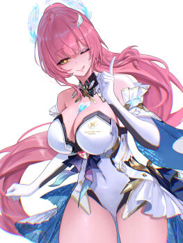 1girl ;q absurdres aemeath_(wuthering_waves) alternate_breast_size_(larger) bare_shoulders blue_skirt breasts chromatic_aberration commentary covered_navel elbow_gloves english_commentary gloves hair_ornament highres index_finger_raised large_breasts leotard long_hair looking_at_viewer nervi_fd one_eye_closed pink_hair showgirl_skirt simple_background skirt solo thighs tongue tongue_out two-sided_fabric two-sided_skirt unfinished very_long_hair white_background white_gloves white_leotard white_skirt wuthering_waves yellow_eyes