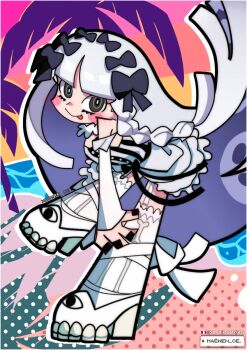 1girl black_nails bone crossover dress fate/strange_fake fate_(series) francesca_prelati_(fate) garter_straps hair_ribbon highres long_hair maewenmitzuki panty_&amp;_stocking_with_garterbelt panty_&amp;_stocking_with_garterbelt_(style) ribbon skull solo tongue tongue_out white_dress white_hair