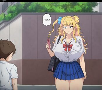 1boy 1girl absurdres age_difference blush breasts brown_hair english_text galko hat highres holding holding_phone huge_breasts oshiete!_galko-chan phone pzpana school_uniform short_hair shota size_difference speech_bubble