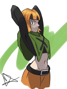 Rule 34 | 1girl, arms behind head, baggy pants, bandeau, belt, belt buckle, bigdanthonyart, black shirt, breasts, buckle, capelet, caplet, crop top, gardenia (pokemon), green background, green capelet, long sleeves, looking at viewer, looking to the side, matching hair/eyes, midriff, navel, nintendo, orange eyes, orange hair, orange pants, pants, pokemon, pokemon diamond/pearl/platinum, shirt, short hair, small breasts, two-tone background, white background