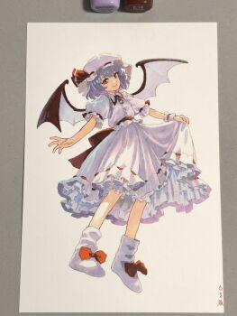 1girl art_tools_in_frame artist_name bat_wings blue_hair bow brooch collared_shirt commentary_request frilled_shirt_collar frills full_body hair_between_eyes hat hat_ribbon highres jewelry looking_at_viewer marker_(medium) mob_cap pink_hat pink_shirt pink_skirt puffy_short_sleeves puffy_sleeves red_bow red_eyes red_ribbon remilia_scarlet ribbon shiratama_(hockey) shirt short_hair short_sleeves skirt skirt_hold smile solo touhou traditional_media wings wrist_cuffs