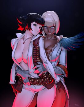 2girls bad_id bad_tumblr_id belt black_background black_hair blue_eyes blunt_bangs bob_cut breasts capcom center_opening cleavage closed_mouth collarbone cowboy_shot dark-skinned_female dark_background dark_skin devil_may_cry devil_may_cry_(series) devil_may_cry_4 female_focus gloria_(devil_may_cry) grey_lips hand_on_another&#039;s_hip hand_on_another&#039;s_leg hand_on_another&#039;s_thigh hand_on_leg hand_under_clothes hug hug_from_behind interracial jacket jewelry lady_(devil_may_cry) lips lipstick looking_at_viewer makeup multiple_girls neck necklace no_bra open_clothes optionaltypo parted_lips shell_casing short_hair smile standing trish_(devil_may_cry) underlighting unzipped utility_belt white_hair white_jacket yuri zipper
