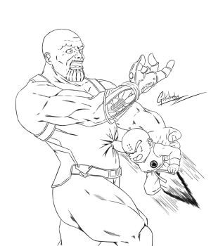 2boys avengers:_endgame avengers:_infinity_war avengers_(series) bald bald_male black_hair crossover death dragon_ball height_difference highres infinity_gauntlet kill kuririn marvel marvel multiple_boys muscular muscular_male punching smug surprised thanos