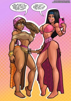 2girls abs anklet artist_name barefoot black_hair blue_eyes brown_eyes brown_hair cellphone commentary dark-skinned_female dark_skin english_commentary english_text gradient_background herron_house_(series) highres holding holding_phone jewelry long_hair looking_at_viewer multiple_girls orange_background phone pink_background rabies-t-lagomorph short_hair smartphone speech_bubble vera_herron vivian_herron