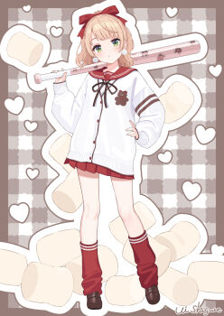 1girl :/ alternate_costume alternate_hairstyle baseball_bat blonde_hair blunt_bangs border bow brown_shoes cardigan character_name closed_mouth commentary_request earrings full_body green_eyes grey_border hair_bow hand_on_own_hip hand_up highres holding holding_baseball_bat indie_virtual_youtuber jewelry leg_warmers loafers looking_at_viewer miniskirt neck_ribbon official_art outside_border plaid_background pleated_skirt pom_pom_(clothes) pom_pom_earrings red_leg_warmers red_sailor_collar red_skirt ribbon sailor_collar school_uniform self-portrait serafuku shigure_ui shigure_ui_(vtuber) shirt shoes short_hair skirt solo virtual_youtuber white_cardigan white_shirt