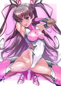 1girl absurdres arion_canvas armpits arms_up breasts brown_hair dark-skinned_female dark_skin highres leotard long_hair looking_at_viewer mizuki_yukikaze open_mouth purple_eyes small_breasts smile solo taimanin_(series) taimanin_yukikaze tan teeth thighhighs twintails upper_teeth_only white_leotard white_thighhighs