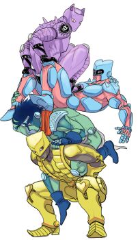 4boys animal_ears armor blue_sky carrying cat_ears crazy_diamond diamond_wa_kudakenai heart_kneepads human_stacking human_tower jojo_no_kimyou_na_bouken killer_queen merumeru626 multiple_boys no_humans pauldrons pointy_boots sandals shoulder_armor shoulder_carry sky stacking stand_(jojo) standing_on_person star_platinum stardust_crusaders the_world