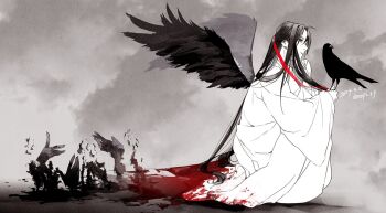 1boy absurdly_long_hair ahoge barefoot bird bird_on_hand black_hair black_wings blood blood_on_clothes blood_on_ground chinese_clothes commentary_request crow dated feathered_wings from_side full_body grey_background hair_down hair_ribbon half_updo hand_on_own_chin hanfu kneeling long_hair long_sleeves looking_at_viewer male_focus modao_zushi monochrome monsterification official_alternate_hairstyle profile red_eyes red_ribbon ribbon robe seiza sidelocks silhouette sitting solo spot_color tengu twitter_username very_long_hair wei_wuxian wei_wuxian_(yiling_laozu) wide_sleeves wings ykmr_(haga)
