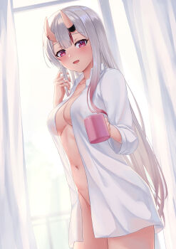1girl absurdres blush breasts center-flap_bangs collared_shirt commentary_request cup curtains day dress_shirt fang functionally_nude gradient_hair grey_hair hair_down hair_over_shoulder hand_in_own_hair hand_up highres holding holding_cup hololive horns indoors knees_out_of_frame leeshin0919 long_hair long_sleeves looking_at_viewer medium_breasts multicolored_hair naked_shirt nakiri_ayame navel oni open_clothes open_mouth open_shirt red_eyes red_hair shirt skin-covered_horns three-quarter_sleeves solo standing streaked_hair very_long_hair virtual_youtuber white_shirt