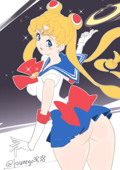 1girl ass bishoujo_senshi_sailor_moon blonde_hair blue_eyes elbow_gloves gloves kuwango long_hair looking_back ribbon sailor_moon shirt skirt tsukino_usagi twintails